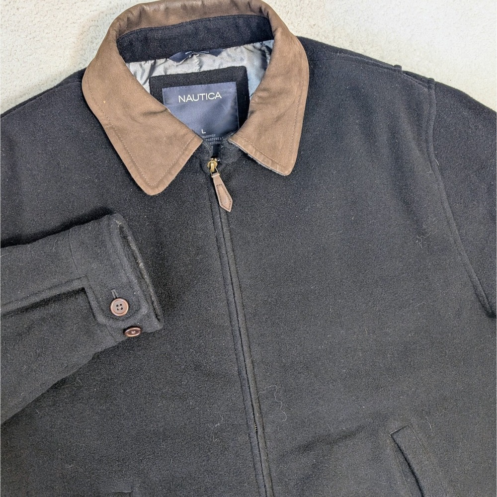 Vintage 90s Nautica Full Zip Men's Large 100% Wool Leather Collar Bomber Jacket